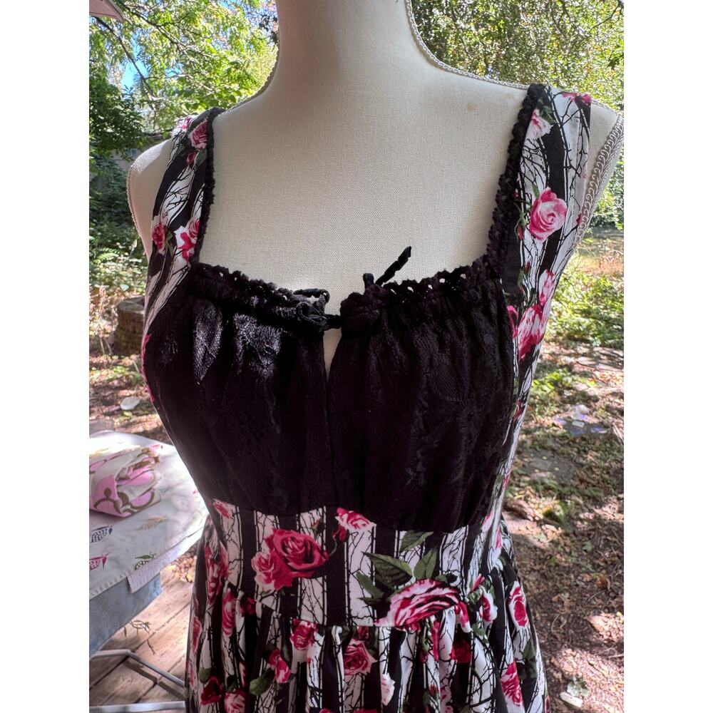 Black and White Stripe Corset Style Lace up Back Dress with Red Roses and Lace